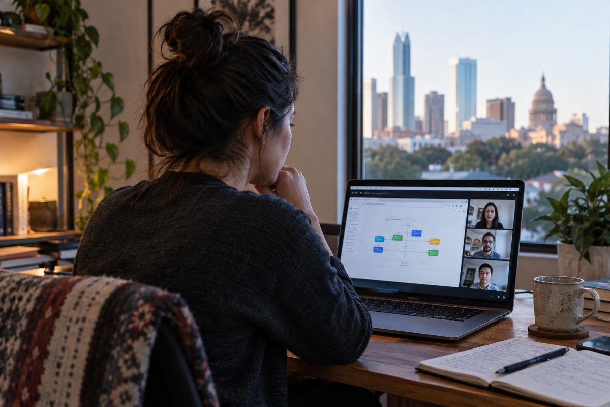 A person checking a shared screen during a handoff call
