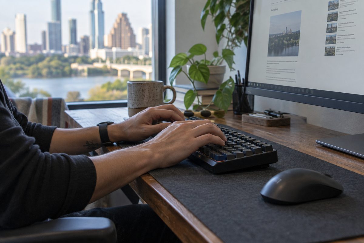 Hands completing a web task on a keyboard