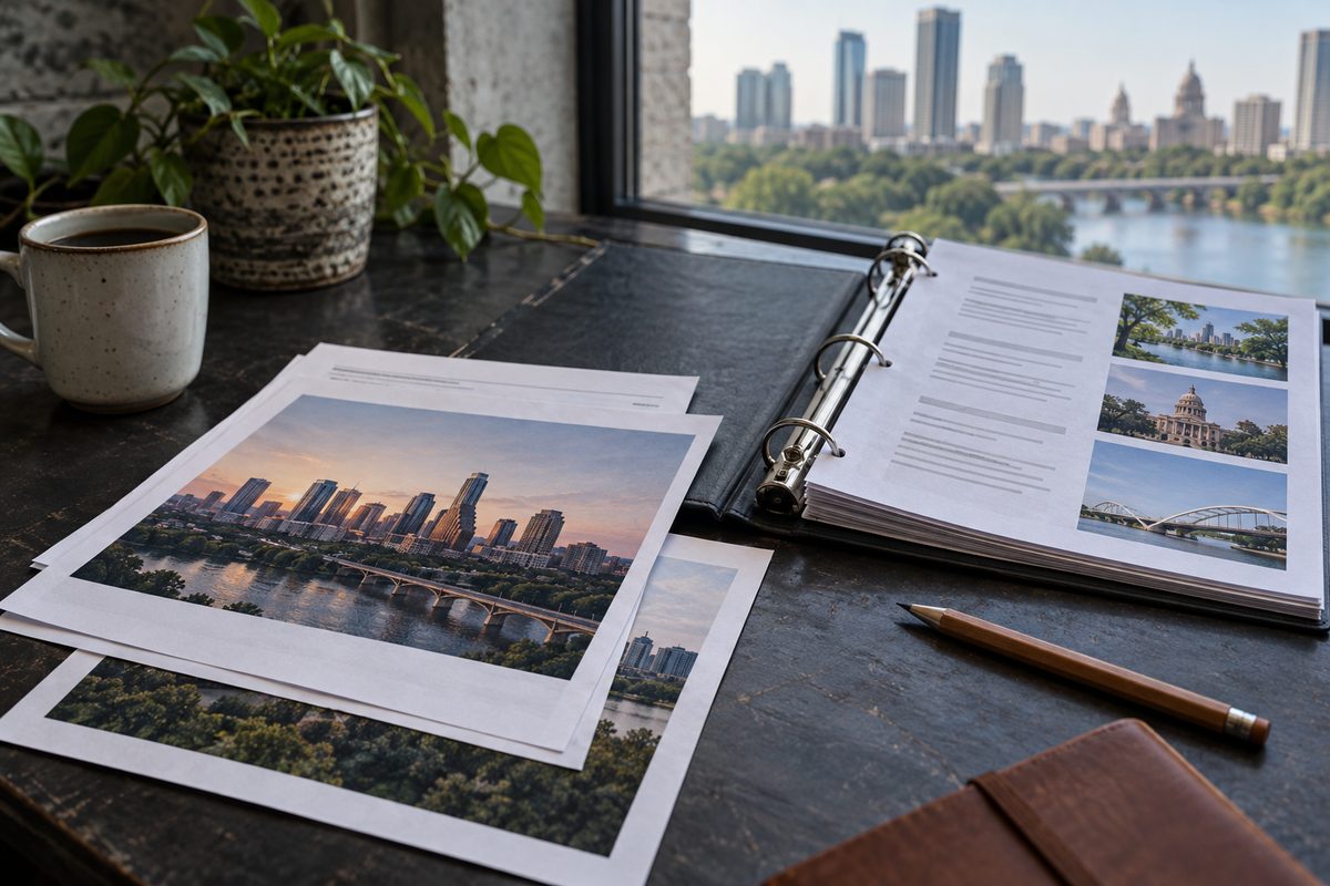 Printed page cards and a handoff binder arranged on a studio table